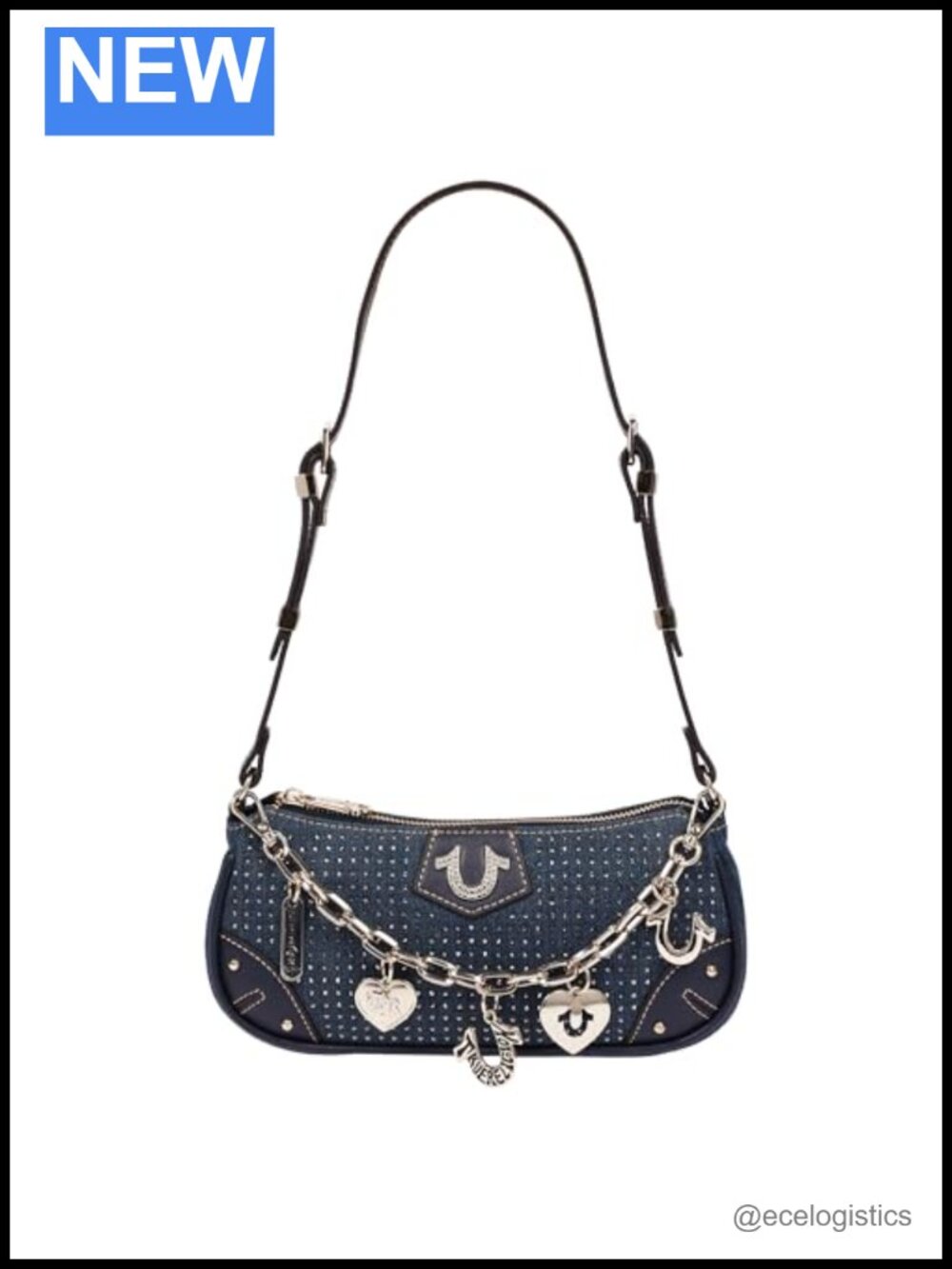 Rhinestone Studded Denim Shoulder Bag with Gold Hardware
